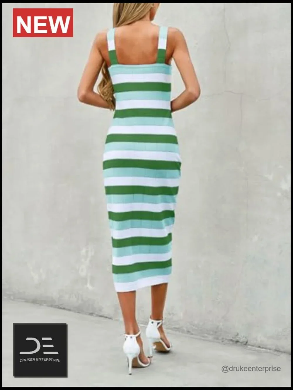Striped Square Neck Sleeveless Bodycon Knit Midi Dress
